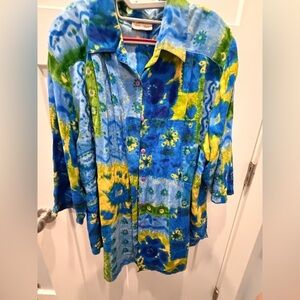 C.S.T. Studio Blue Green Abstract Tunic Blouse XL Artsy Button Front